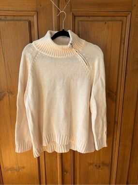 Lisa Todd Cream Funnel Neck Sweater with Large Red Heart with Asymmetrical Zip